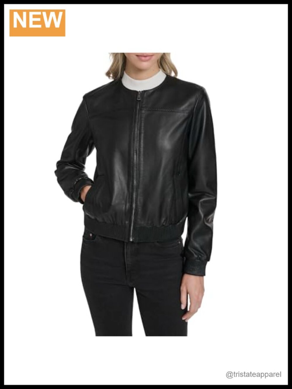 Women's Collarless Leather Bomber Jacket Hand-Stitched Long Sleeve Zipper